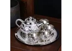 999 Sterling Silver Dragon Totem Tea Set & Wine Tray