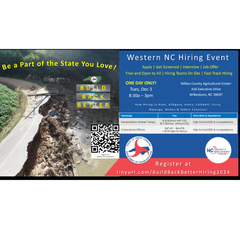 NCDOT & NCDAC Western NC Hiring Event - Dec 3 8:30 to 3pm - Wilkesboro, NC