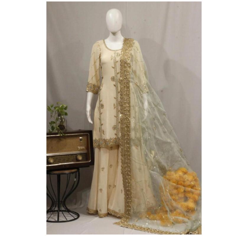 Light Peach Sharara Suit With Organza Dupatta- Desinger Punjabi Suit