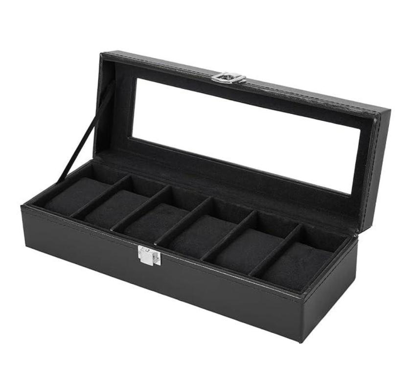 6-Slot Black PU Leather Watch Box with Glass Lid – Elegant Storage for Men & Women