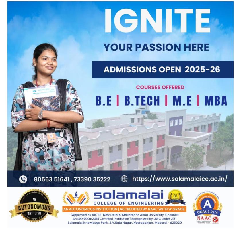 Join Solamalai College of Engineering, Admissions Open 2025